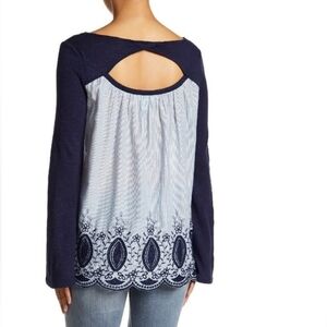 Caslon | Cotton Navy Knit & Scalloped Edge Blouse